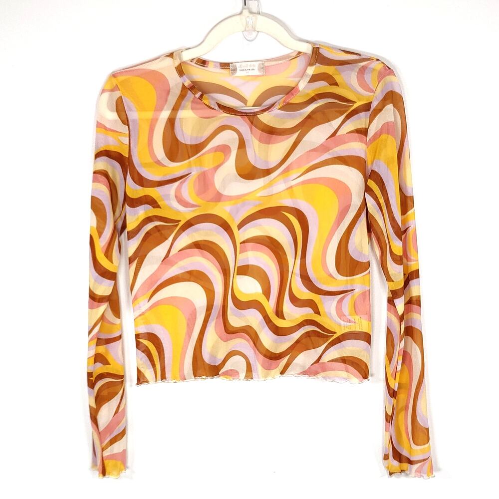 Altar'd State Sheer Mesh Groovy Swirl Print Top USA Made M Indie Sleaze‎ Y2K